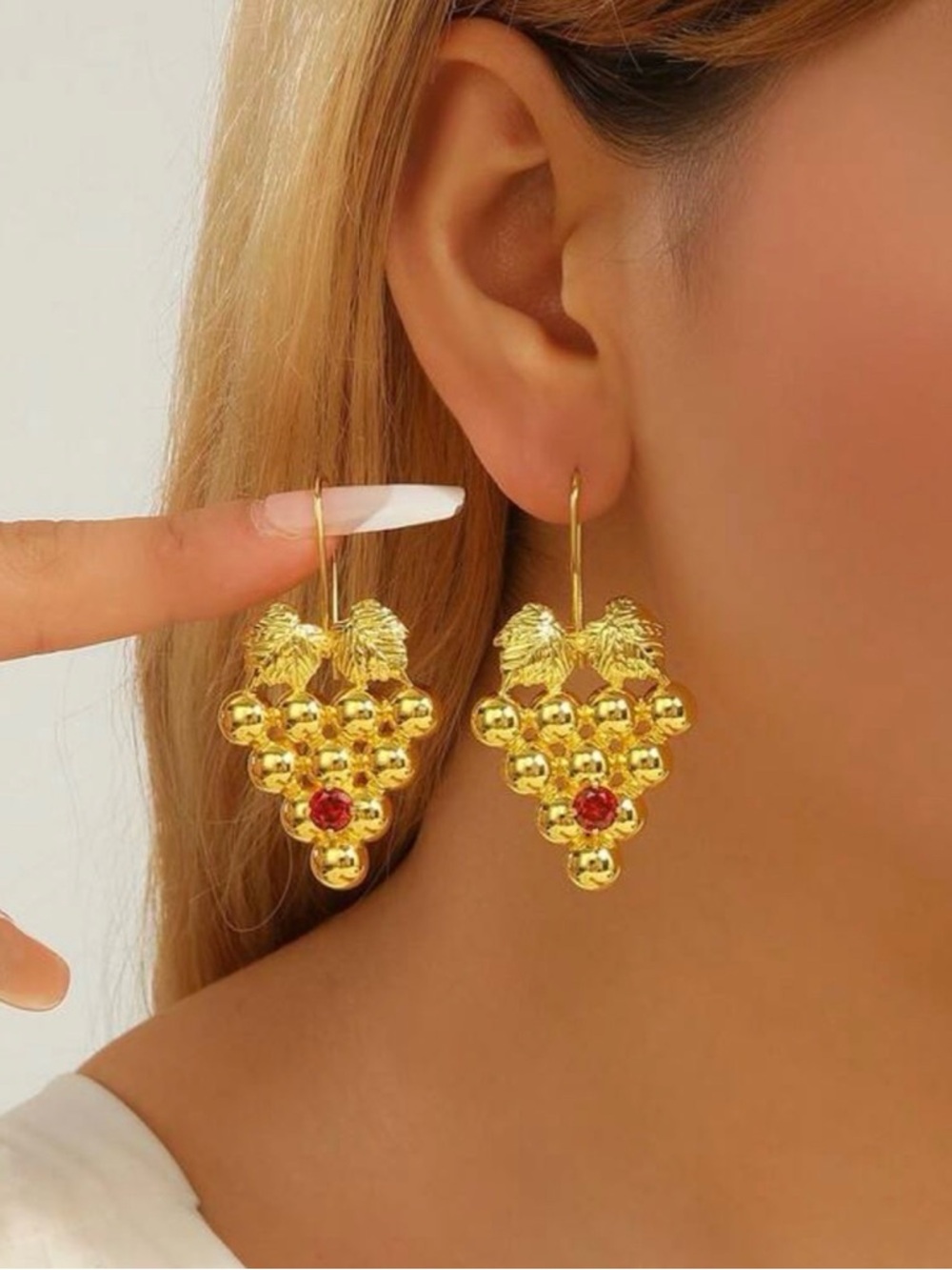 Gold Grape Cluster Drop Earrings with Red Accent